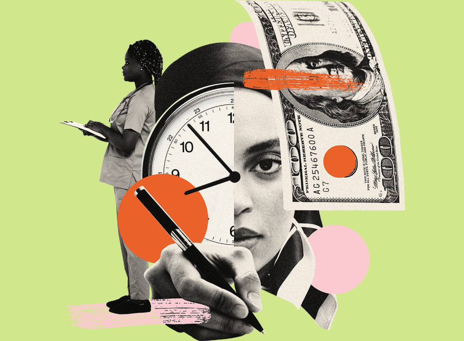 A graphic with half a woman’s face and half a clock face in the center. The woman is wearing a hijab. A hand writing with a pen is below, a nurse holding a clipboard is to the left, and a one hundred dollar bill is to the right.