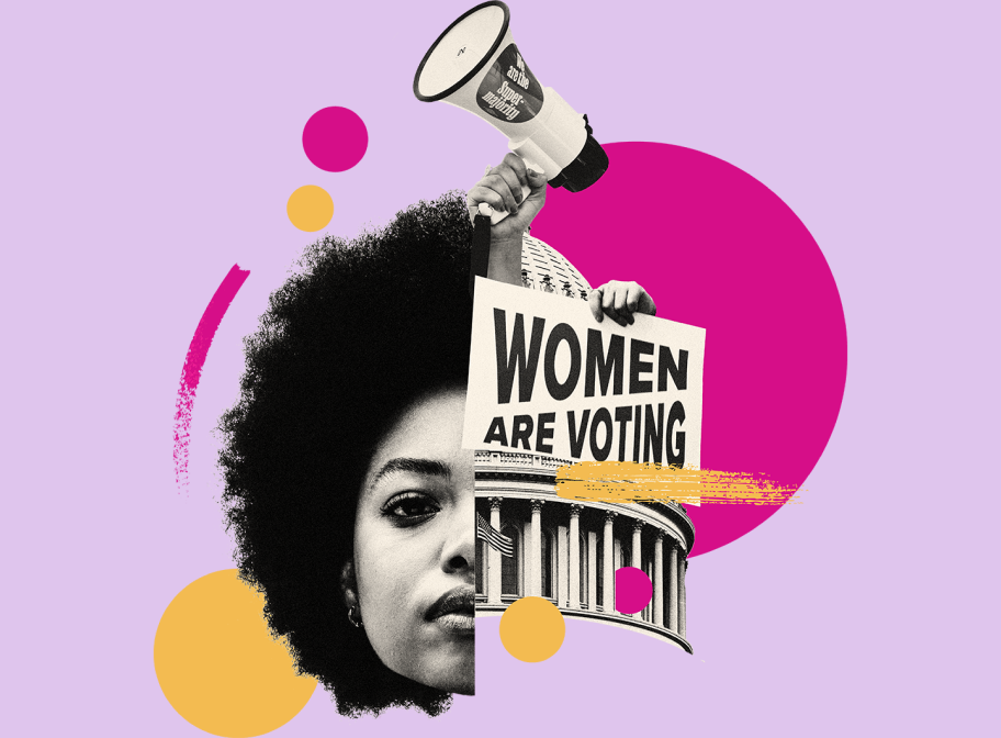 A graphic with half a woman’s face in the center. The woman has an afro. To the right of her face are hands holding a megaphone and a sign that says women are voting. Behind the sign is a building with columns, a large dome, and an American flag.