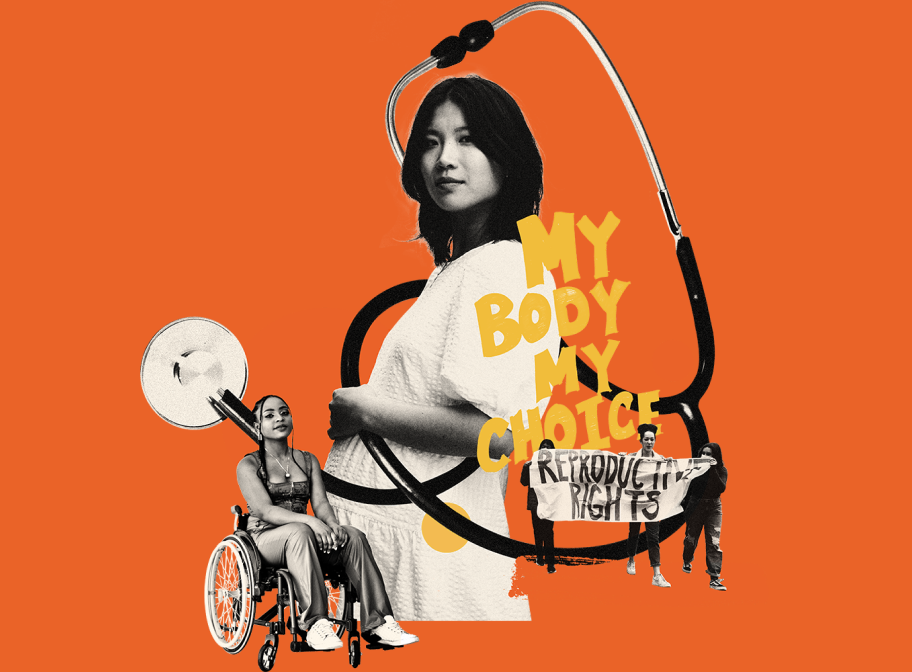 A graphic with a pregnant woman in the center, a woman in a wheelchair to the left, and three people holding a sign that says reproductive rights to the right. A large stethoscope wraps around them. The phrase my body my choice is in the foreground.