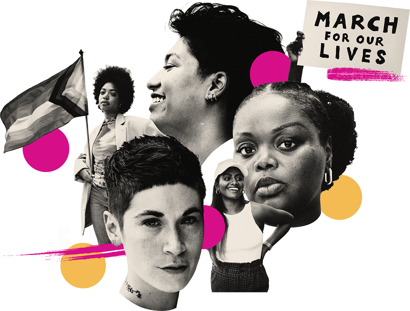 A graphic including five women of different races and a hand holding a sign that says march for our lives. One woman is holding a pride flag.