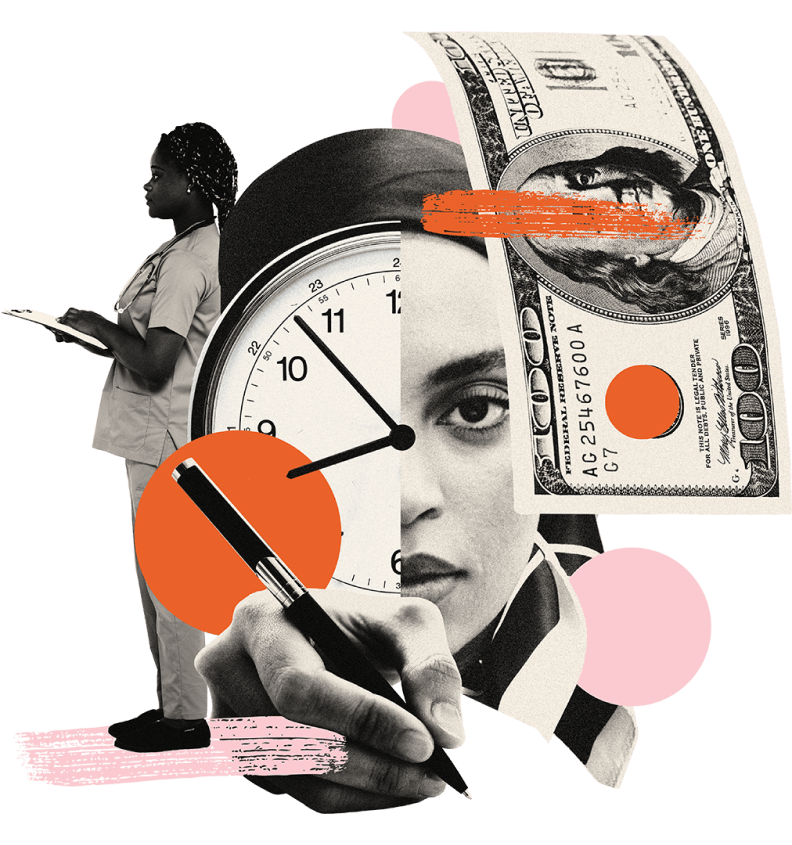 A graphic with half a woman’s face and half a clock face in the center. The woman is wearing a hijab. A hand writing with a pen is below, a nurse holding a clipboard is to the left, and a one hundred dollar bill is to the right.