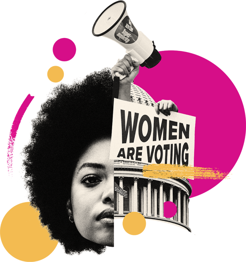 A graphic with half a woman’s face in the center. The woman has an afro. To the right of her face are hands holding a megaphone and a sign that says women are voting. Behind the sign is a building with columns, a large dome, and an American flag.